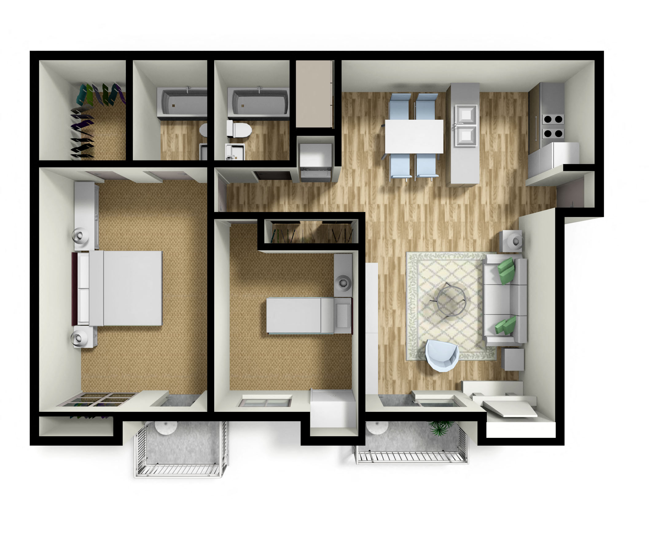 Floor plan for 2 beds, 2 baths, 950 sqft